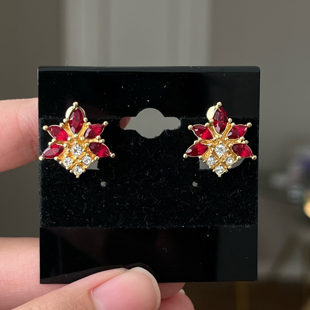 Vintage Christian Dior Flower Firework Red Rhinestone Mini Gold Clip-On Earrings - Picture 8 of 11